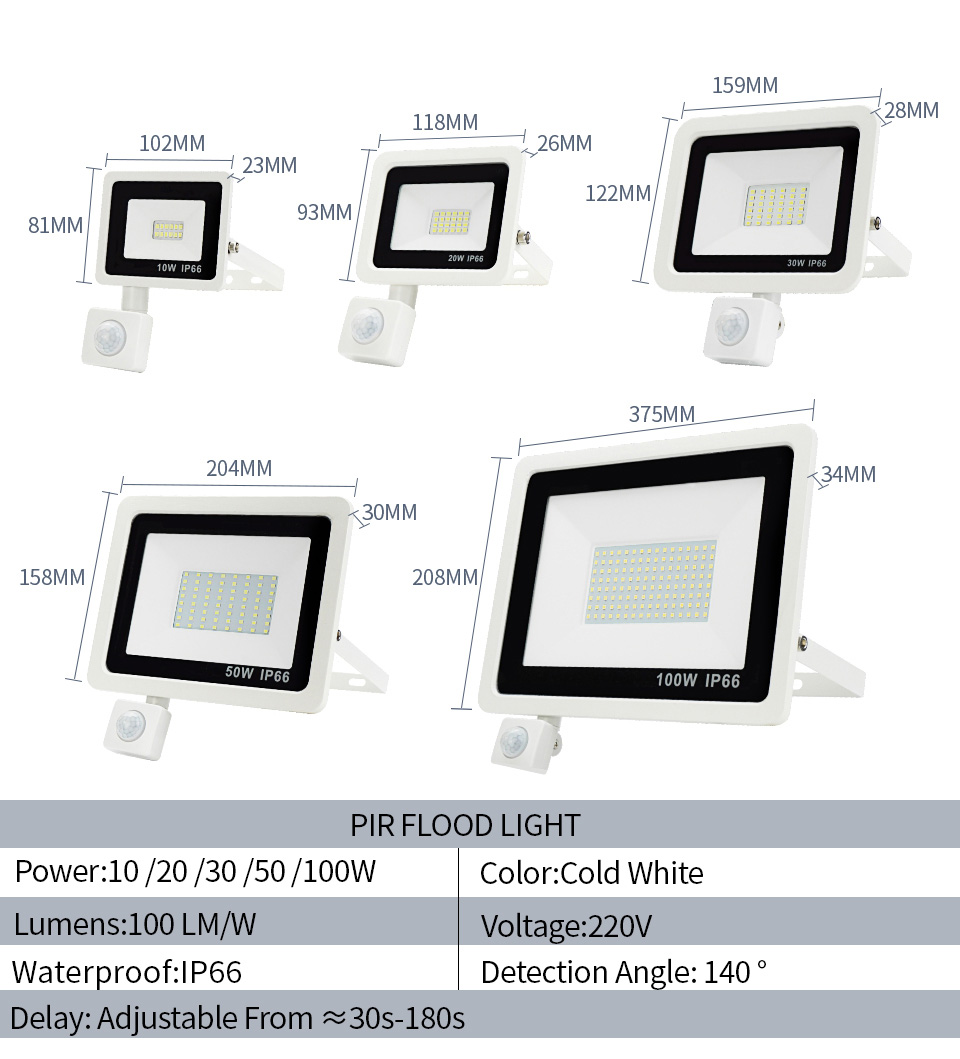LED Floodlight PIR Motion Sensor 220V 10W 20W 30W 50W 100W Cold Warm White Reflector Waterproof IP66 Outdoor Induction Lighting