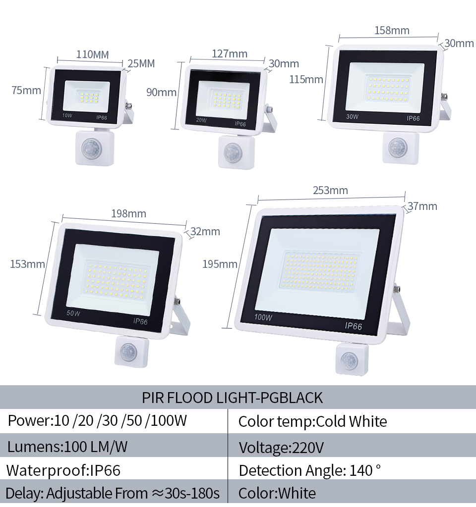 Led Flood Light PIR Motion Sensor Cold White IP66 220V Foco Led Exterior Projector Spotlight Outdoor Lighting Street Wall Lamps