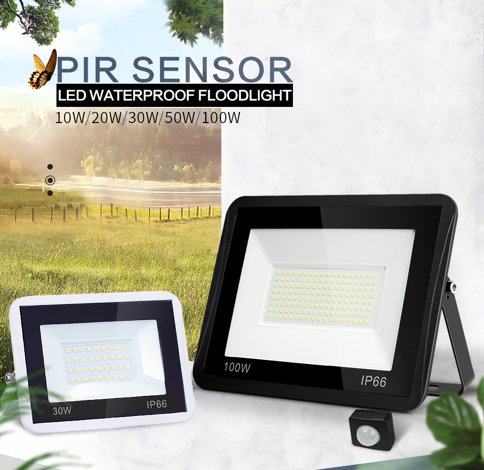 Black White LED Floodlight PIR Motion Sensor 220V 10W 20W 30W 50W 100W Outdoor Lamp Waterproof IP66 Spotlight Courtyard Footpath