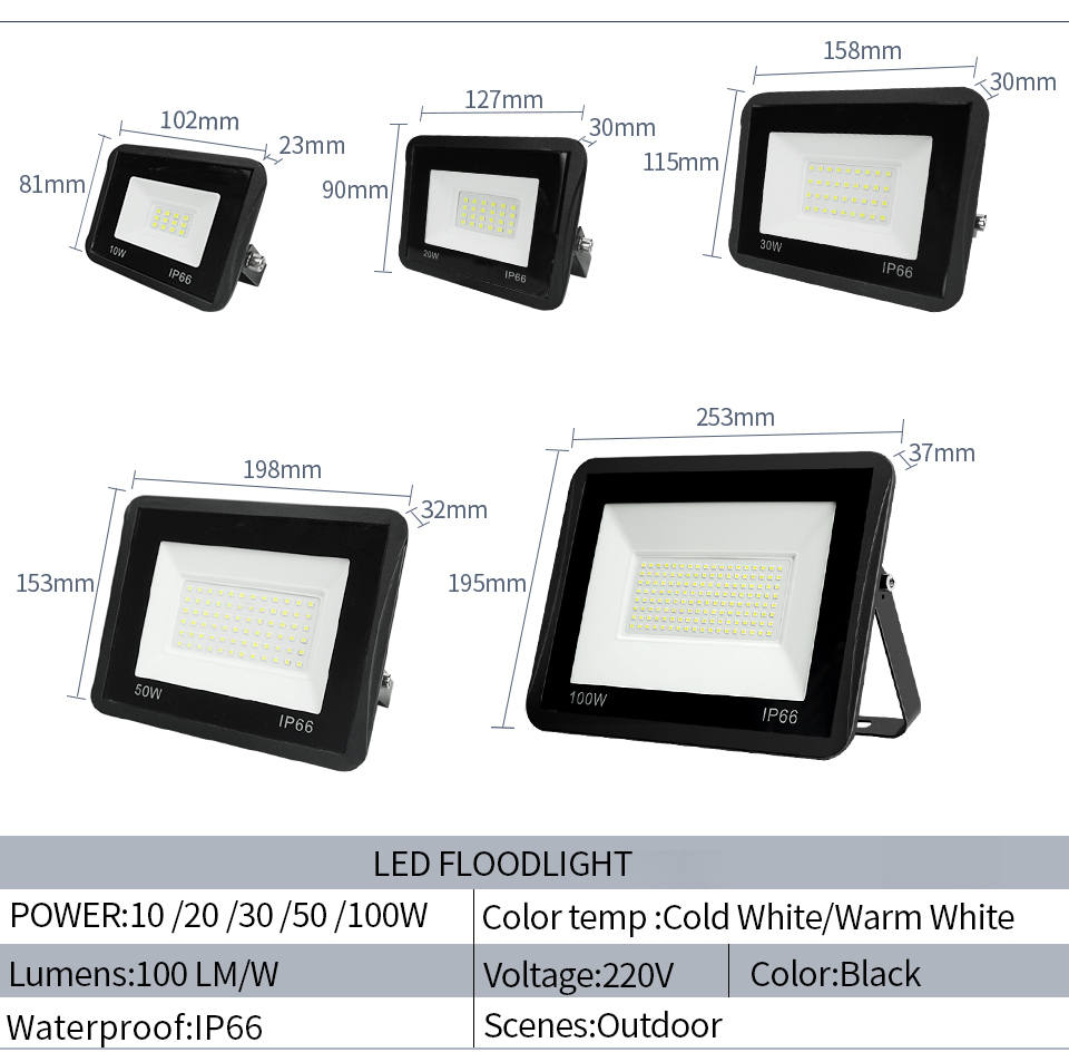 Black White LED Floodlight PIR Motion Sensor 220V 10W 20W 30W 50W 100W Outdoor Lamp Waterproof IP66 Spotlight Courtyard Footpath