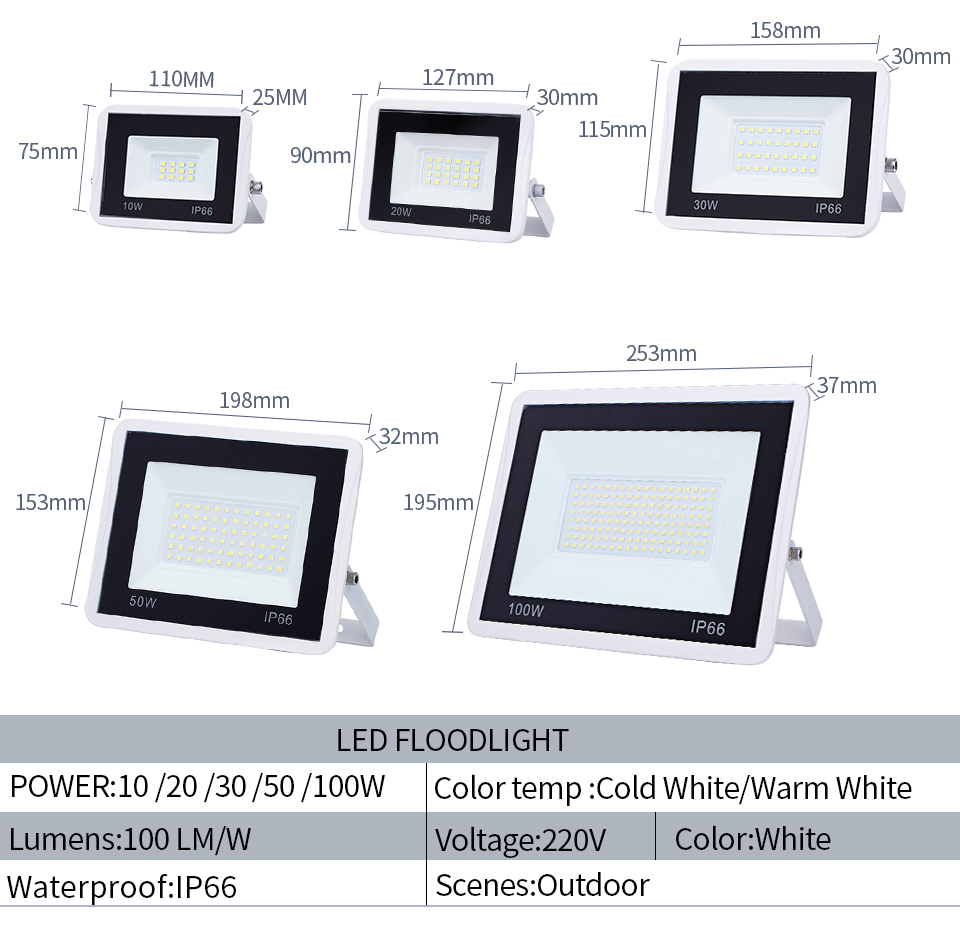 Black White LED Floodlight PIR Motion Sensor 220V 10W 20W 30W 50W 100W Outdoor Lamp Waterproof IP66 Spotlight Courtyard Footpath