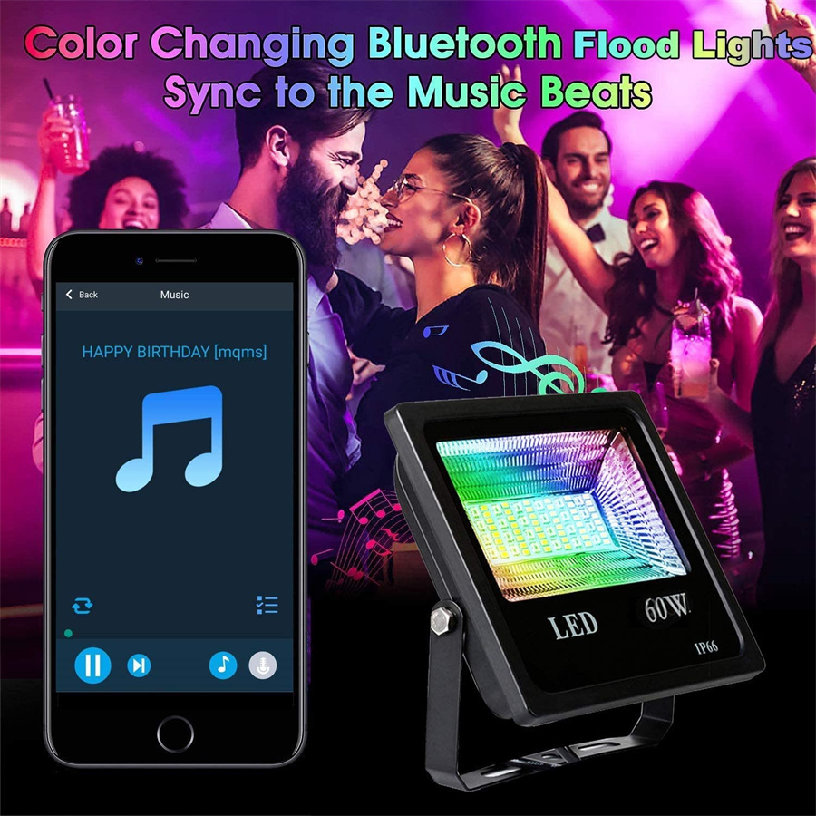 60W RGB Led Flood Light Bluetooth-Compatible App Control RGBW LED Flood Light IP66 Waterproof Outdoor Landscape Security Lights