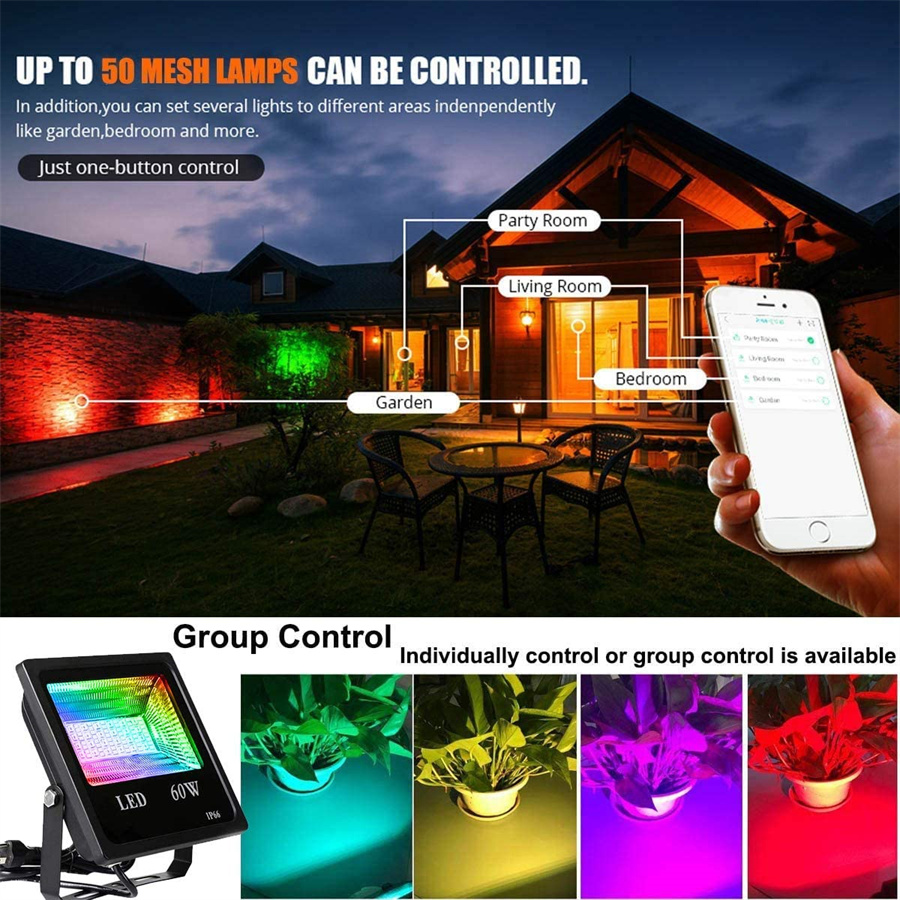 60W RGB Led Flood Light Bluetooth-Compatible App Control RGBW LED Flood Light IP66 Waterproof Outdoor Landscape Security Lights