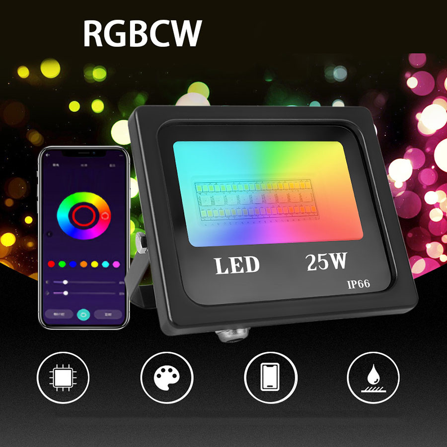 24W Smart RGBCW Flood Lights Outdoor Dimmable APP Bluetooth Control LED Floodlights IP66 Waterproof for Garden Landscape Party
