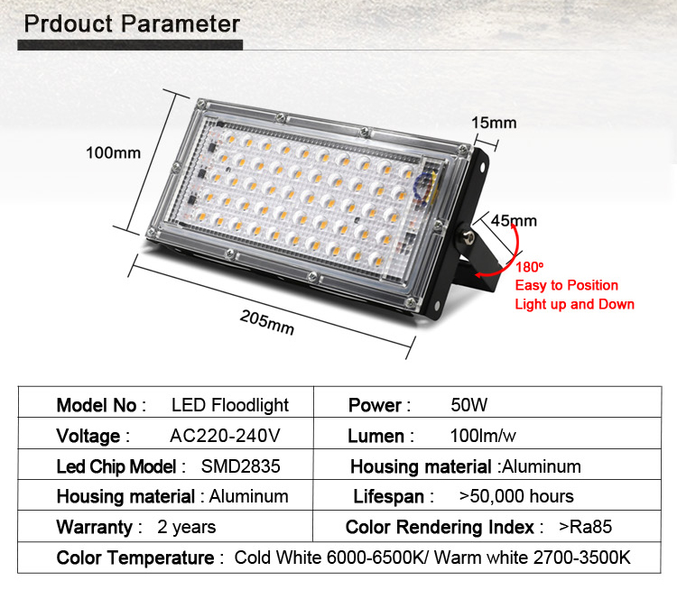 Led FloodLight 50W AC 220V-240V Waterproof IP65 Flood light Outdoor Spotlight Led Projector exterieur Spotlight