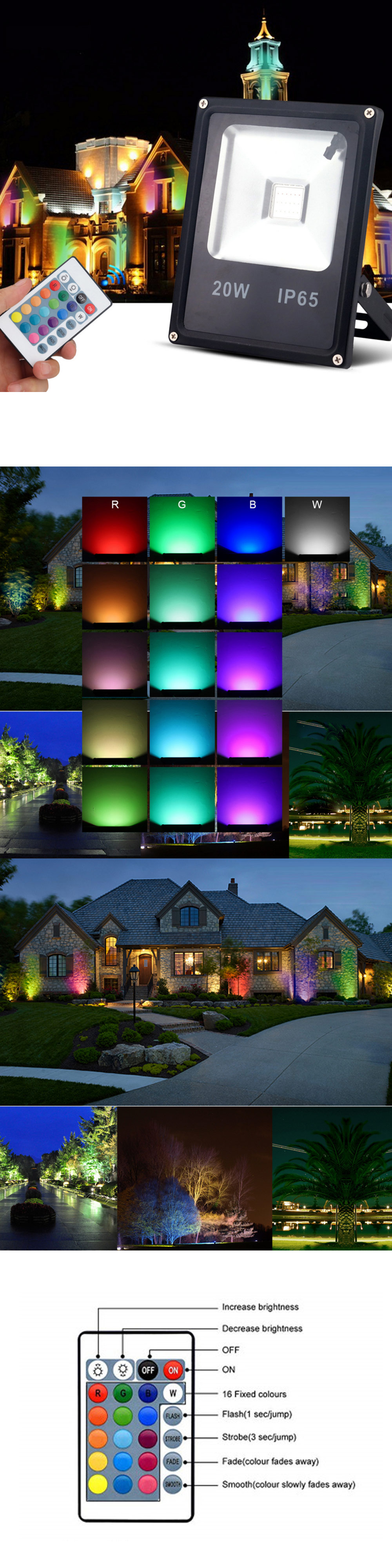 RGB LED Spotlight AC85-265V 10W 20W 30W 50W RGB LED FloodLight IP65 Waterproof Outdoor Landscape Lighting With 24Key IR Remote