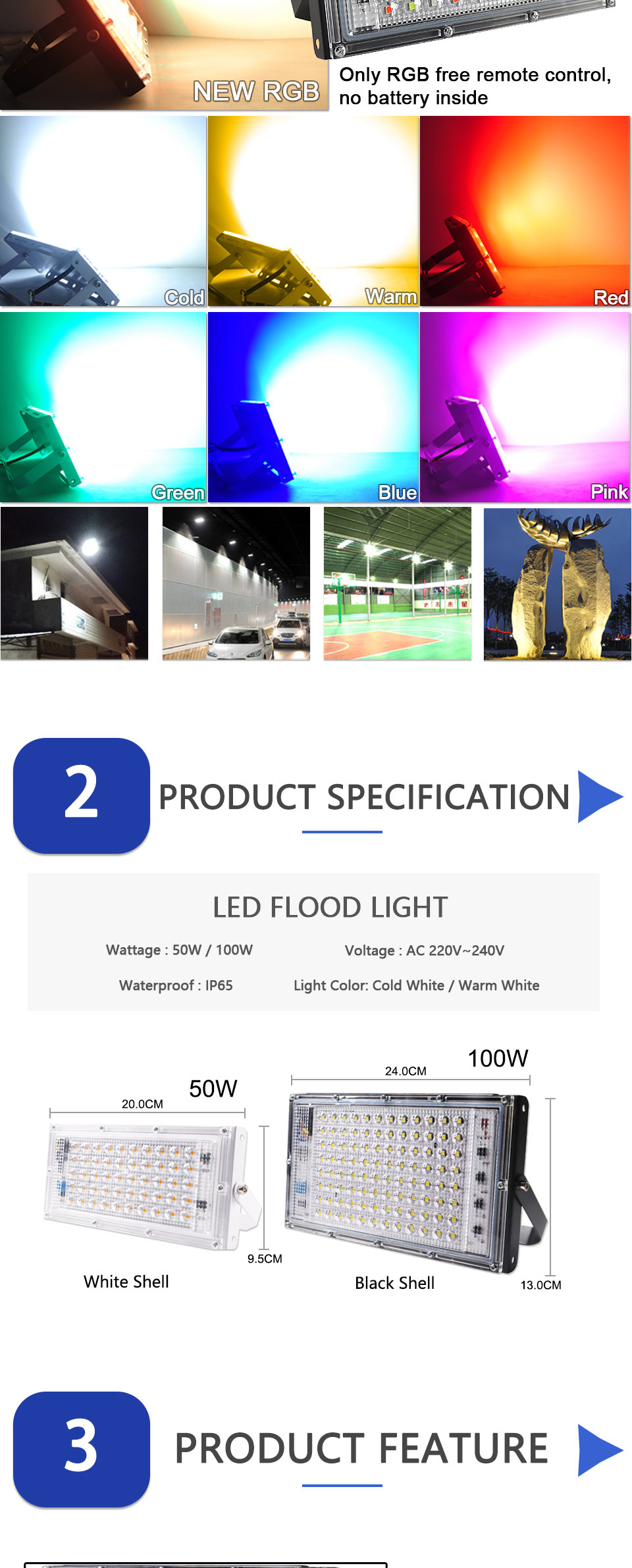 LED Flood Light 50W 100W led Floodlight cold warm RGB AC220V 240V LED street Lamp waterproof IP65 led spotlight outdoor Lighting