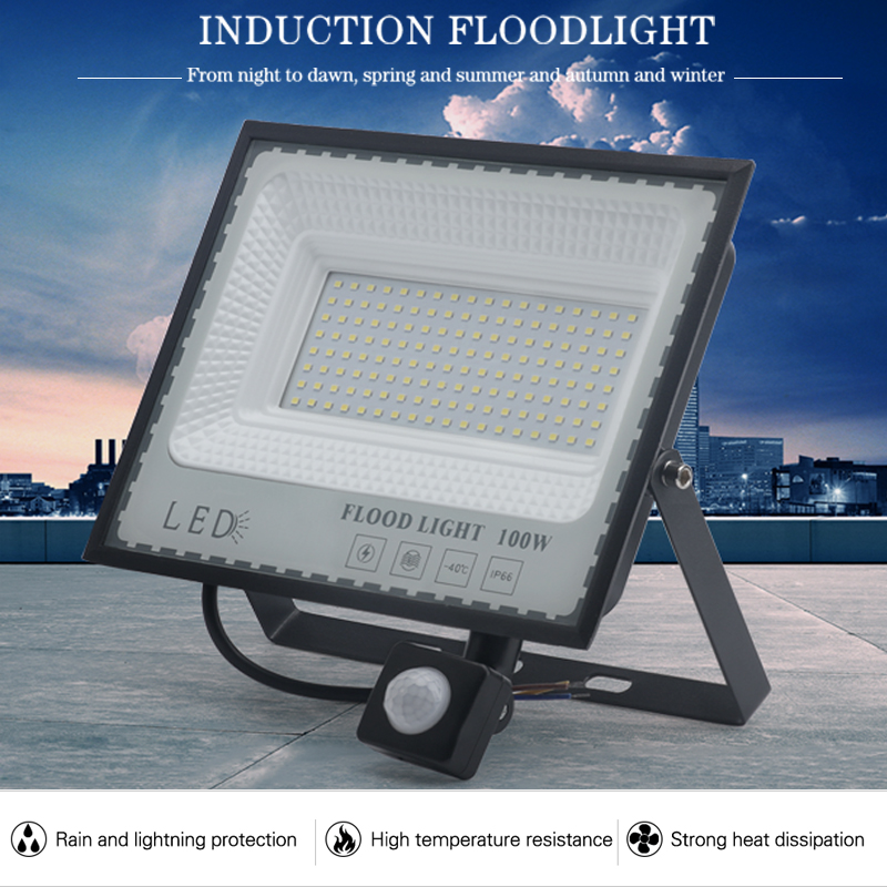 LED Induction Floodlights PIR Motion Sensor 30W 50W 100W 220V Cold White Waterproof IP66 Outdoor Rainproof Lighting
