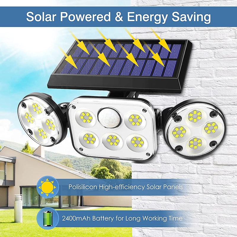 Solar Motion Lights Outdoor 3 Heads with Motion Sensor Adjustable 78 LED Solar Security Lights Waterproof For Garage Yard Garden