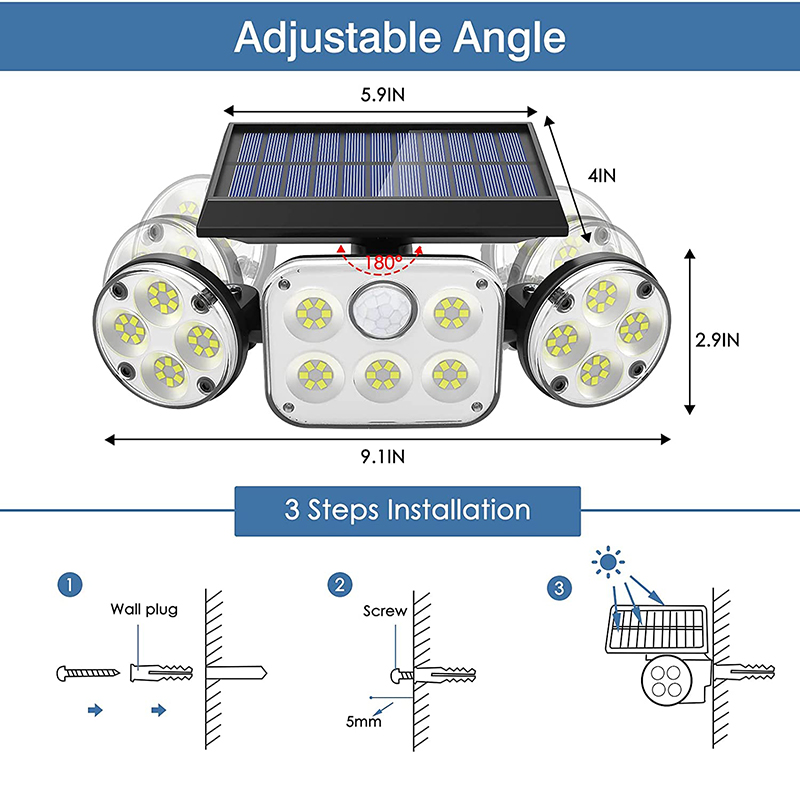 Solar Motion Lights Outdoor 3 Heads with Motion Sensor Adjustable 78 LED Solar Security Lights Waterproof For Garage Yard Garden