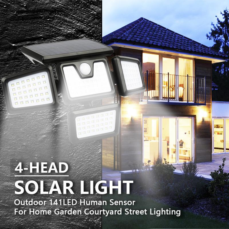 141LED Solar Light Outdoor Four-head Human Sensor Wall Lamp IP65 Induction Wall Light For Home Garden Courtyard Street Lighting