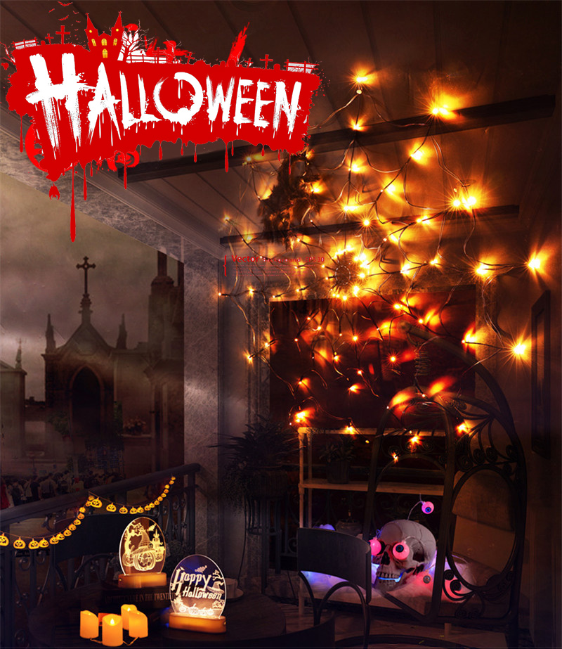 3.28ft Diameter 70LED Halloween Spider Web Lights USB 8Modes Spider Web Wall Net Lights For Scary Halloween Decoration Garland