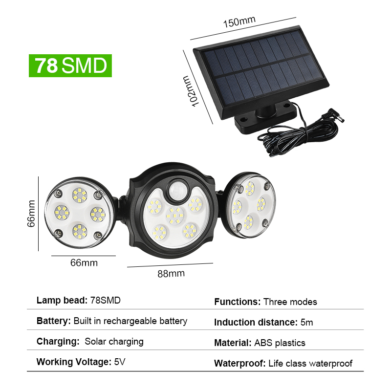 Solar Wall Light Motion Sensor Outdoor Waterproof Light Three-head LED Rotatable Landscape Wall Lamp Garden Outdoor Street Light