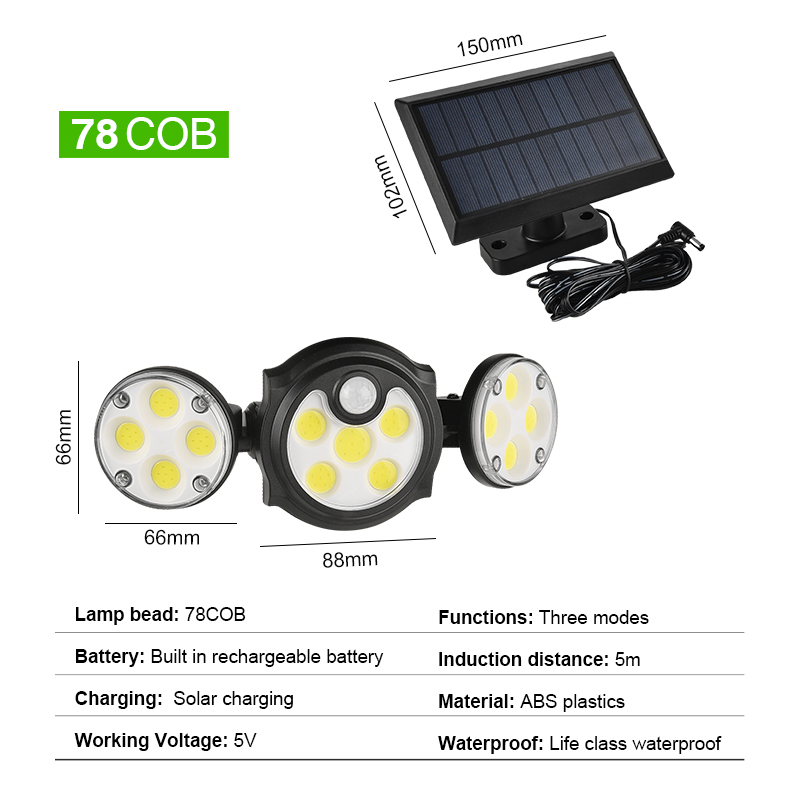 Solar Wall Light Motion Sensor Outdoor Waterproof Light Three-head LED Rotatable Landscape Wall Lamp Garden Outdoor Street Light