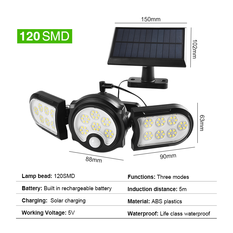 Solar Wall Light Motion Sensor Outdoor Waterproof Light Three-head LED Rotatable Landscape Wall Lamp Garden Outdoor Street Light