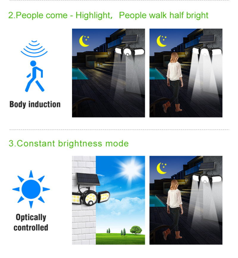 Solar Wall Light Motion Sensor Outdoor Waterproof Light Three-head LED Rotatable Landscape Wall Lamp Garden Outdoor Street Light