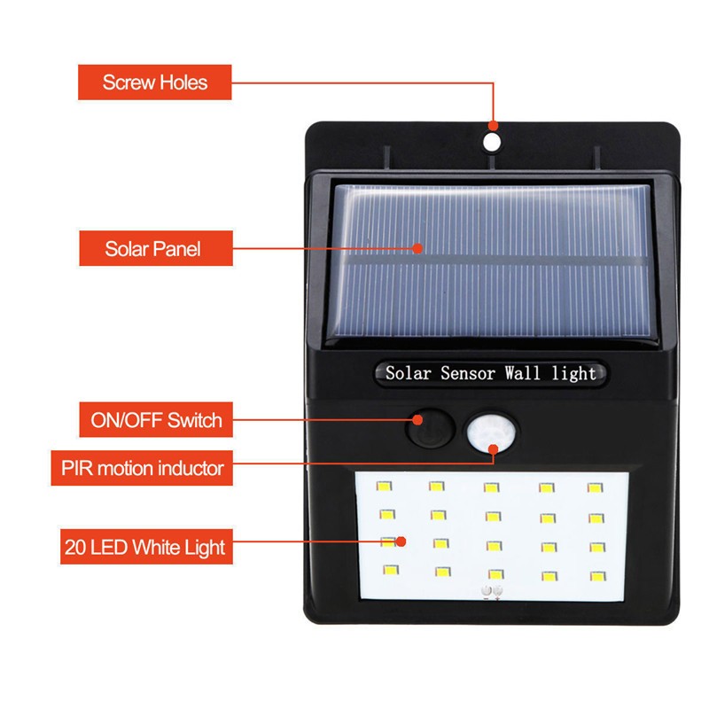 Solar Led Light Outdoor Lamp PIR Motion Sensor LED Wall Lights IP65 20LEDs Sunlight Powered For Street Fence Garden Security