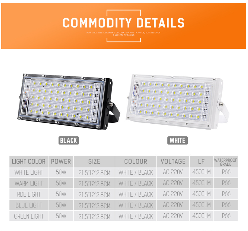 LED Flood Light AC220V 50W Outdoor Lighting Spotlight IP66 Waterproof LED Street Lamp Landscape Lighting 5 Colors