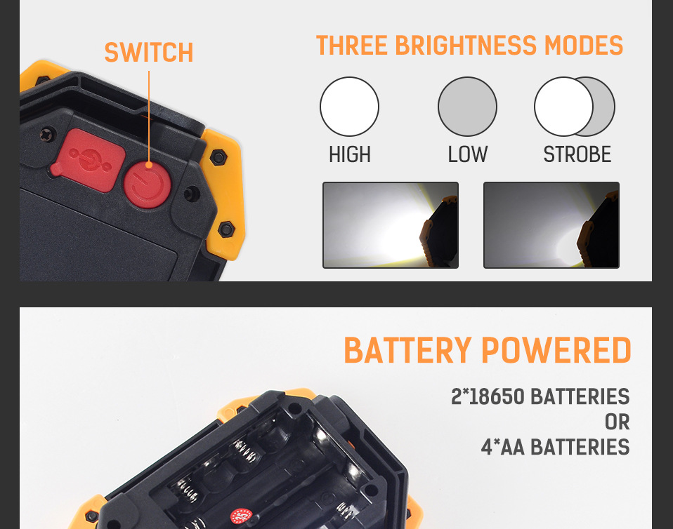 LED Work Light Rechargeable COB Floodlight Portable Spotlight Emergency Night Market Light Outdoor Camping Lantern Flashlight