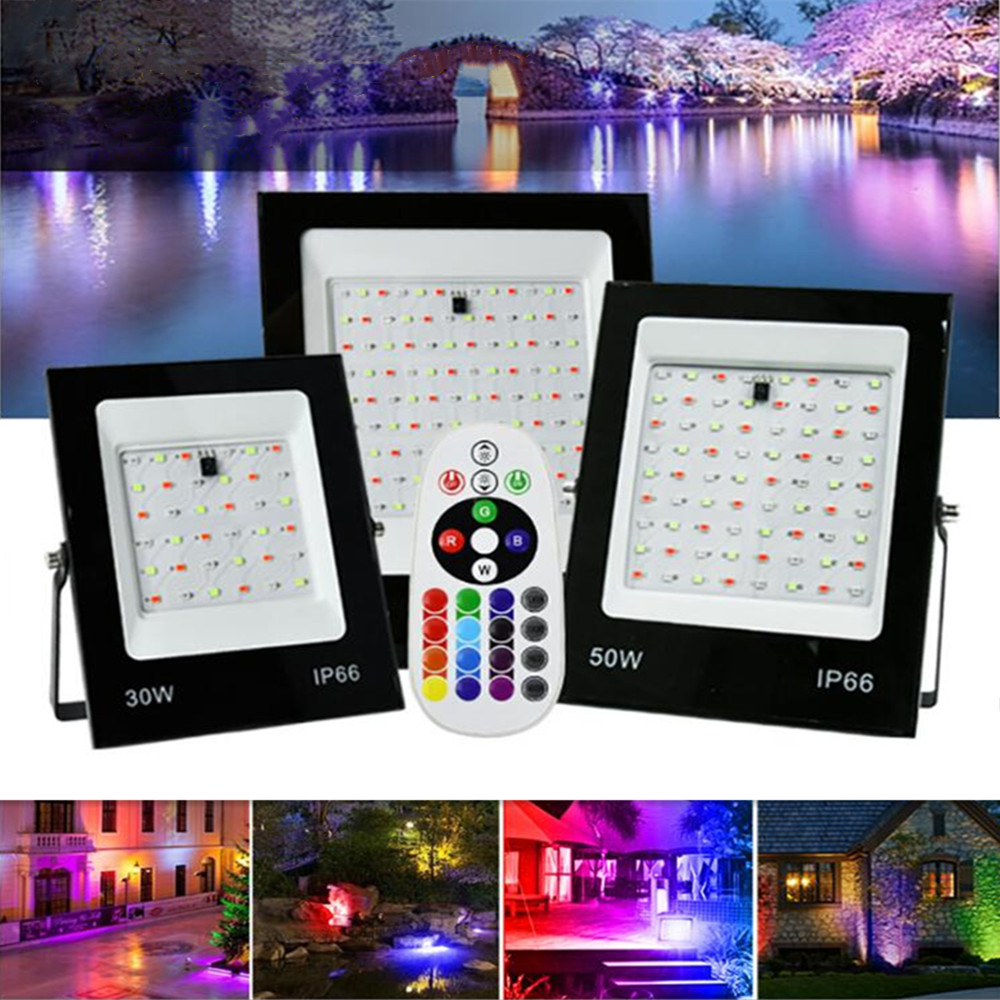 LED FloodLight IP67 Waterproof RGB LED Spotlight With Remote Control 30W 50W 100W 200W Garden Wall Projector Outdoor Lighting
