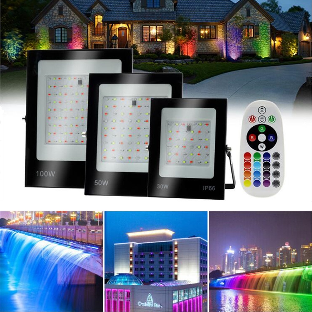 LED FloodLight IP67 Waterproof RGB LED Spotlight With Remote Control 30W 50W 100W 200W Garden Wall Projector Outdoor Lighting