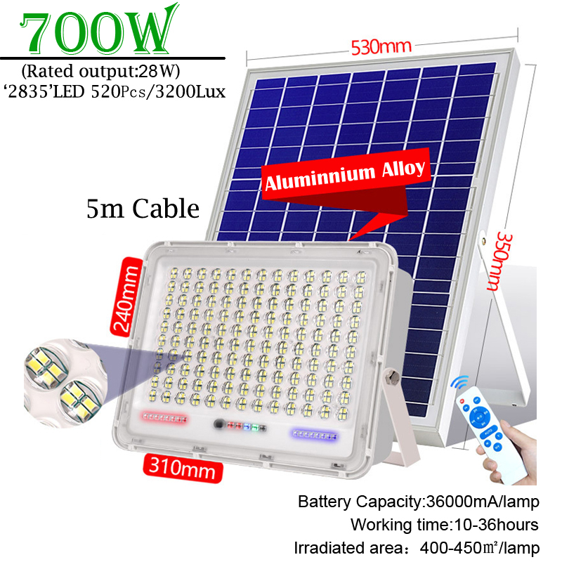 100-500W LED Solar Solar Lamp Super Bright Lighting Gig Capacity Battery Lens Spotlight Wireless Outdoor Waterproof