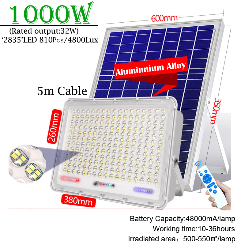 100-500W LED Solar Solar Lamp Super Bright Lighting Gig Capacity Battery Lens Spotlight Wireless Outdoor Waterproof