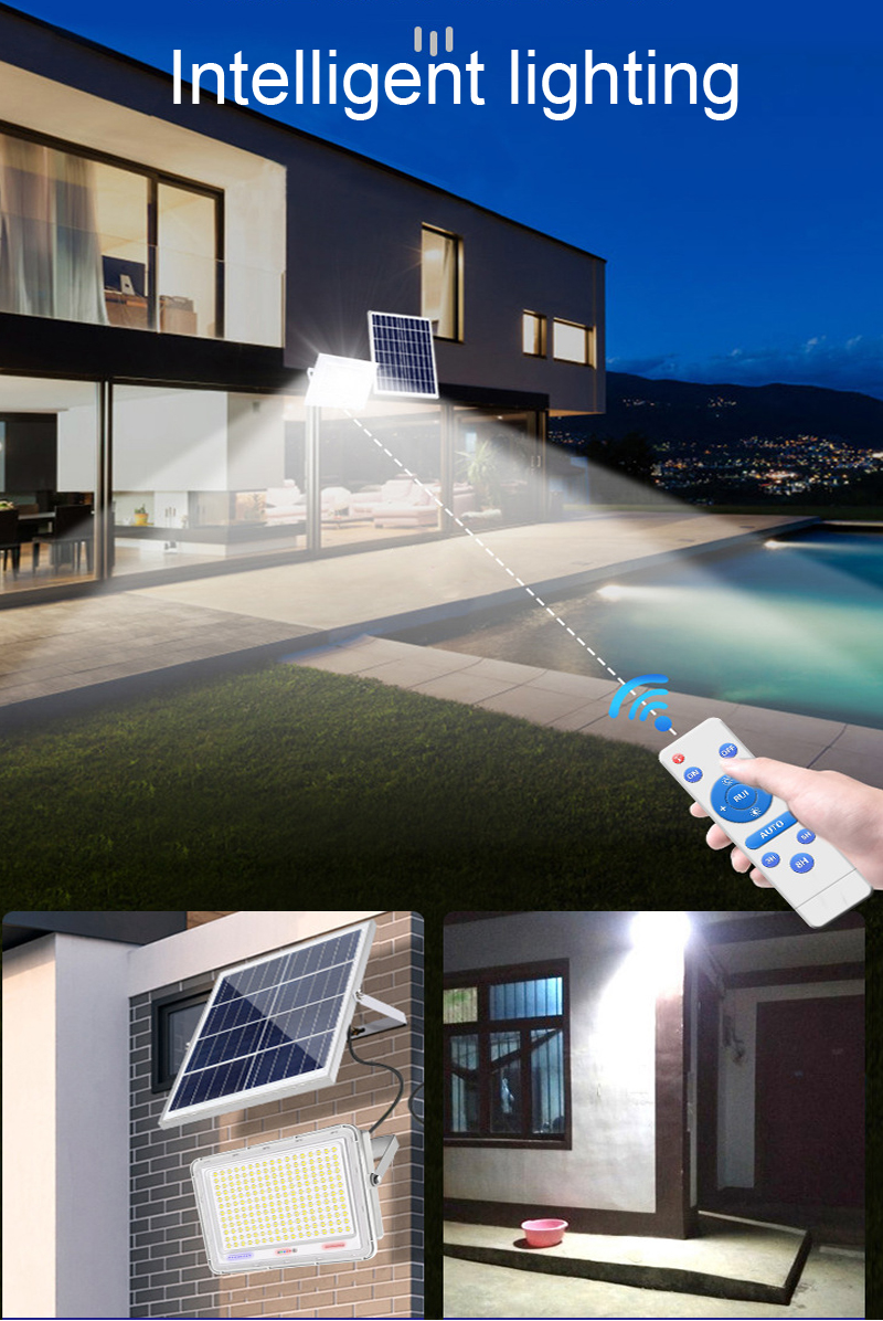 100-500W LED Solar Solar Lamp Super Bright Lighting Gig Capacity Battery Lens Spotlight Wireless Outdoor Waterproof