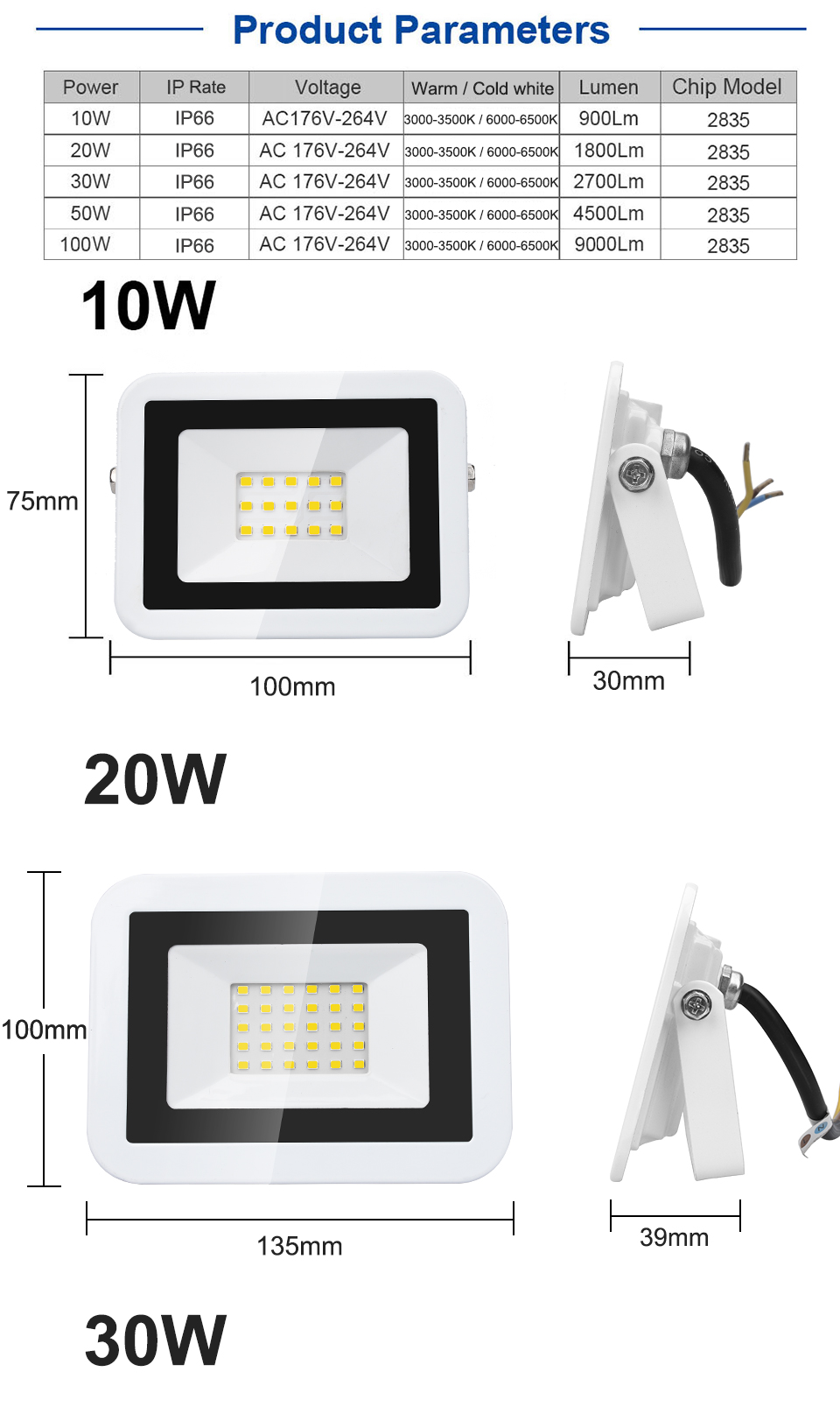 100W 50W 30W 10W 20W LED Flood Light Warm White/Cold White IP66 Waterproof 220V Garden Floodlight Outdoor Spotlight Wall Lamp