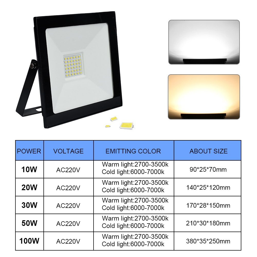 10W 20W 30W 50W 100W Led Flood Light 220~240V Outdoor Spotlight Floodlight Reflector IP66 Waterproof Garden Lighting