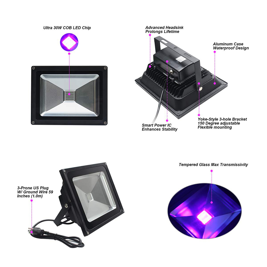 UV LED Floodlight 10W 20W 30W High Power Waterproof Ultra Violet Blacklight DJ Disco Stage Lamp for Christmas Halloween Party