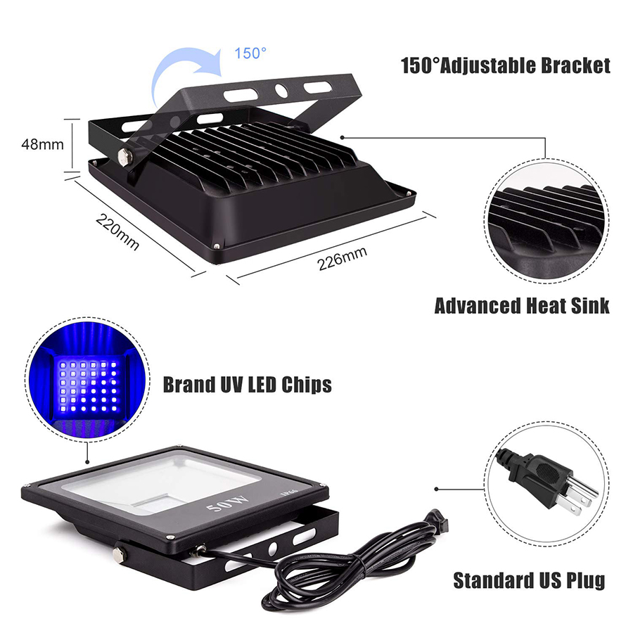 10W 20W 30W 50W UV LED Black Light Floodlight IP66 Waterproof Ultra-Viole Flood Light Stage Light for Halloween Party Curing