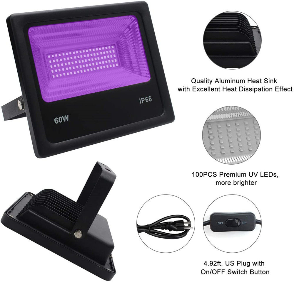 UV LED Black Light 30W 60W Ultraviolet LED Flood light Blacklight IP66 Waterproof Outdoor Stage Light for Bar Dance Party Xmas