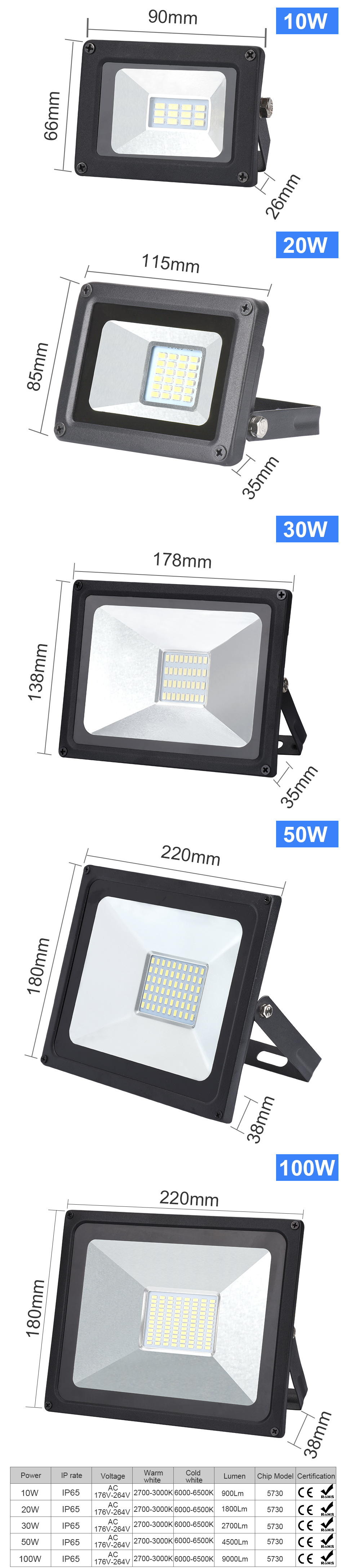 220V LED FloodLight 10W 30W 50W 100W Reflector LED Flood Light Waterproof IP65 Spotlight Wall Outdoor Lighting Warm Cold White