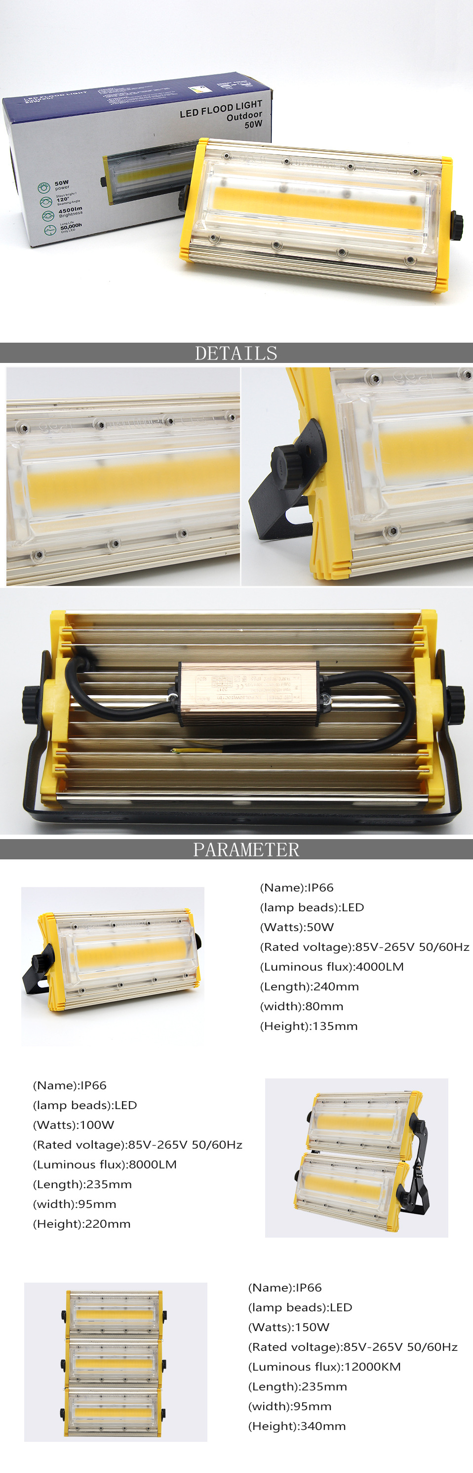 4PCS 50W 100W 150W COB LED Flood Light Super Bright IP66 Waterproof LED Flood Lights AC85-265V Outdoor Emergency Wall Spotlight