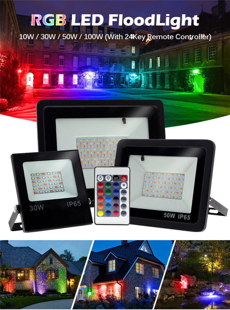 RGB LED Floodlight Outdoor Wall Lamp Reflector IP65 Waterproof Garden Landscape Lighting Flood Light Colour AC220V 50W 100W LED