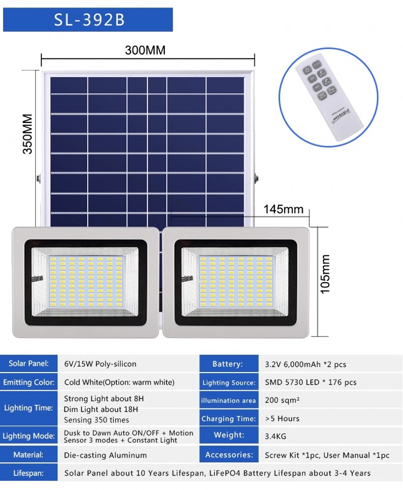 LED Floodlights 120W 200W 400W LED Solar Sensor Waterproof IP66 Emergency Safety Garden Street Flood Light With Remote Control