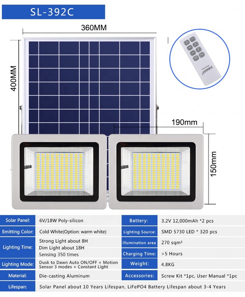 LED Floodlights 120W 200W 400W LED Solar Sensor Waterproof IP66 Emergency Safety Garden Street Flood Light With Remote Control