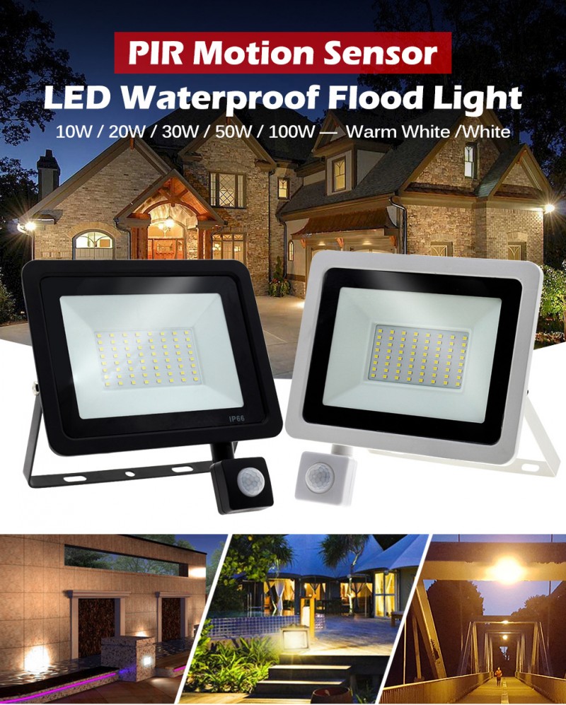 PIR Motion Sensor LED Floodlight 10W 20W 30W 50W 100W 220V Waterproof Outdoor Wall Garden LED Spotlight Reflector Foco Lamp