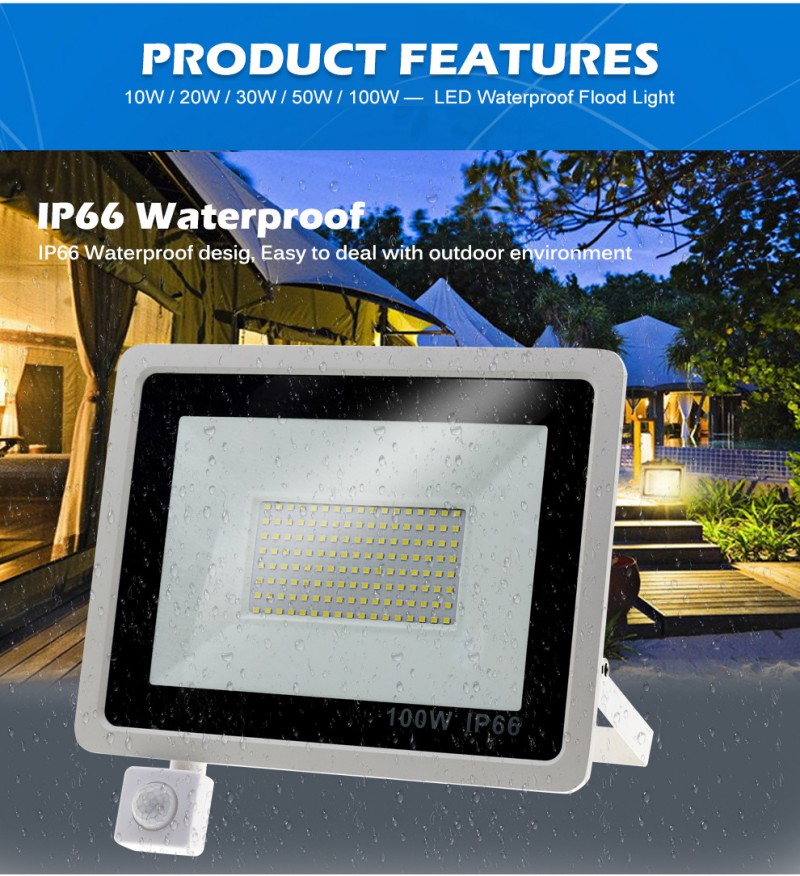 PIR Motion Sensor LED Floodlight 10W 20W 30W 50W 100W 220V Waterproof Outdoor Wall Garden LED Spotlight Reflector Foco Lamp