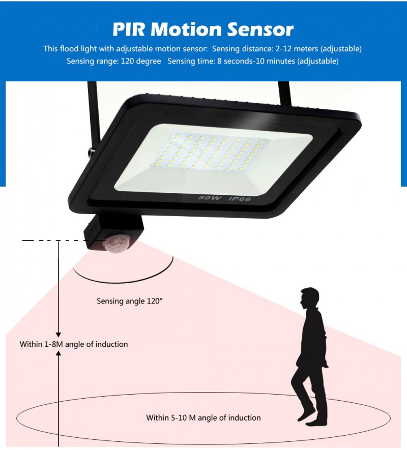 PIR Motion Sensor LED Floodlight 10W 20W 30W 50W 100W 220V Waterproof Outdoor Wall Garden LED Spotlight Reflector Foco Lamp