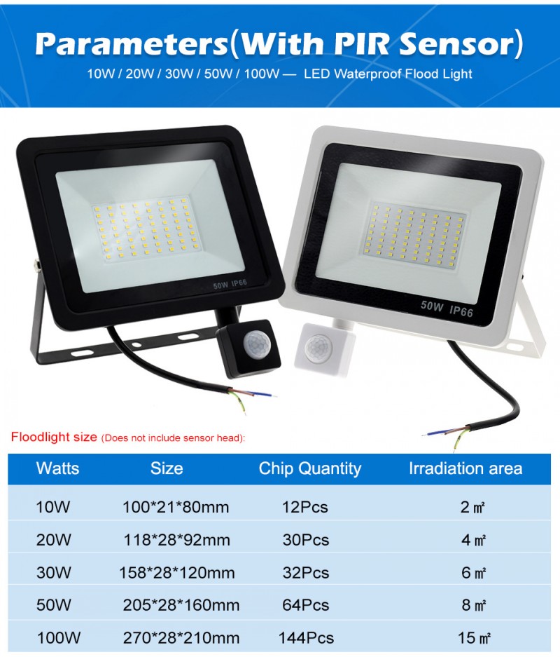 PIR Motion Sensor LED Floodlight 10W 20W 30W 50W 100W 220V Waterproof Outdoor Wall Garden LED Spotlight Reflector Foco Lamp