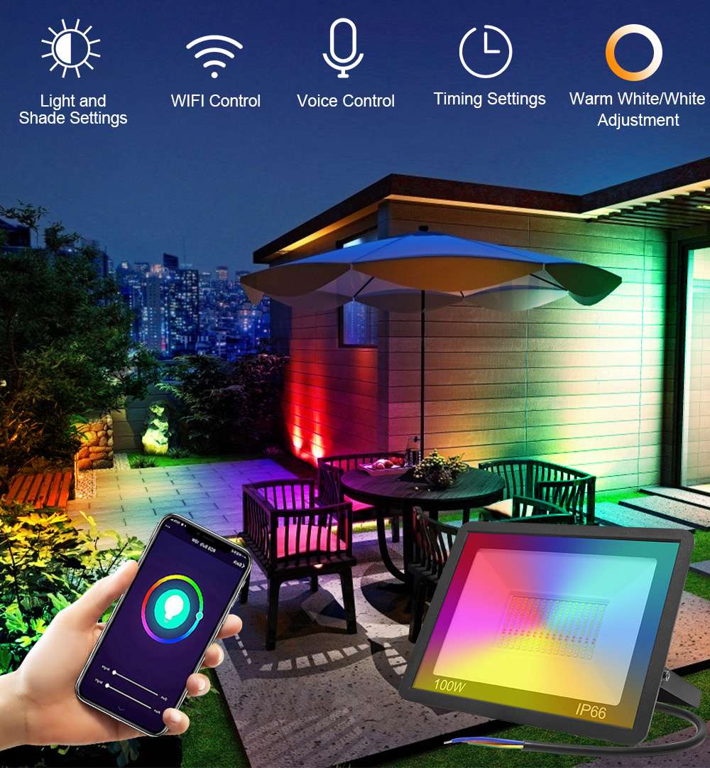 30w/50w/100W WiFi Tuya Smart Floodlight 8 Scene modes Voice Control Spotlight RGB+WW+CW Waterproof Outdoor Wall Lamp Lighting