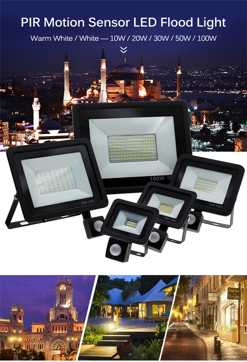 LED PIR Motion Sensor Adjustable Flood Light 50W 150W Waterproof IP65 110V 220V Floodlight Garden Spotlight Outdoor Wall Lamp