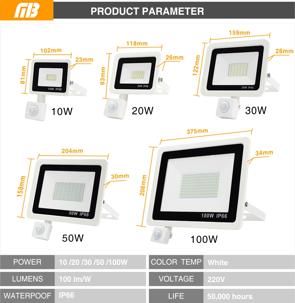 LED PIR Motion Sensor Floodlight 10W 20W 30W 50W 100W Waterproof White Reflector Outdoor Spotlight For Garden Wall Street Light