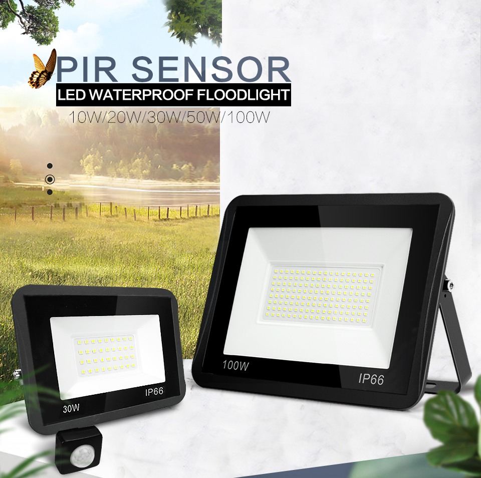 LED Floodlight PIR Motion 220V 10W 20W 30W 50W 100W Cold White Warm White WaterproofIP65 Black Outdoor Lighting Wall Street Lamp