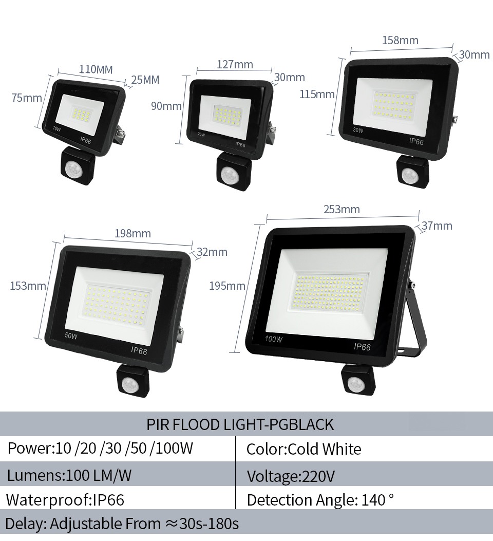 LED Floodlight PIR Motion 220V 10W 20W 30W 50W 100W Cold White Warm White WaterproofIP65 Black Outdoor Lighting Wall Street Lamp