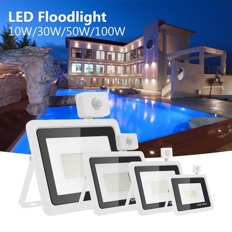 White shell Motion Sensor LED Flood Light 10W 20W 30W 50W 100W AC220V Floodlight IP65 Waterproof Projector garden Outdoor Light