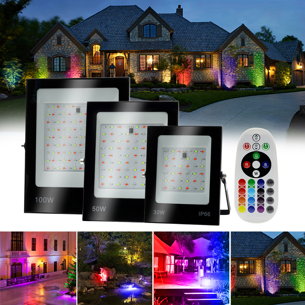 2021 Latest RGB LED FloodLight 30W 50W 100W 200W Outdoor RGB IP66 Spotlight Street Garden Wall Washer Lamp With Remote Control