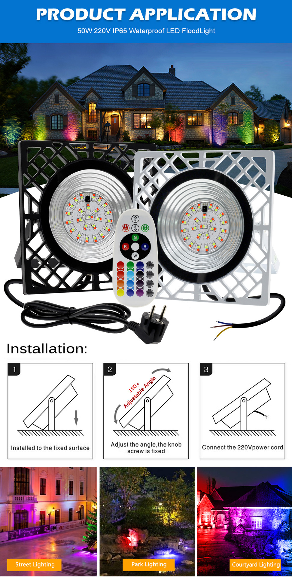 RGB 50W Led Flood Light AC 220V 240V LED Floodlight IP65 Outdoor Spotlight Landscape Lighting Reflector Wall Garden Street Lamp